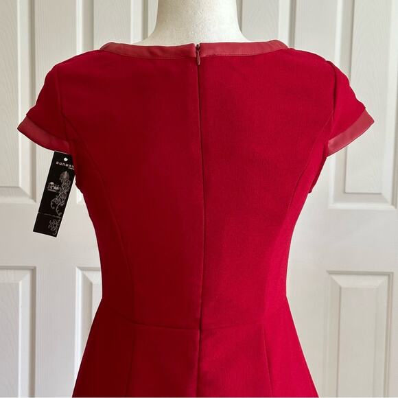 RW Runway Paris Dress Red Cap Sleeve Faux Leather Trim Career Dress Medium NEW - Picture 5 of 12